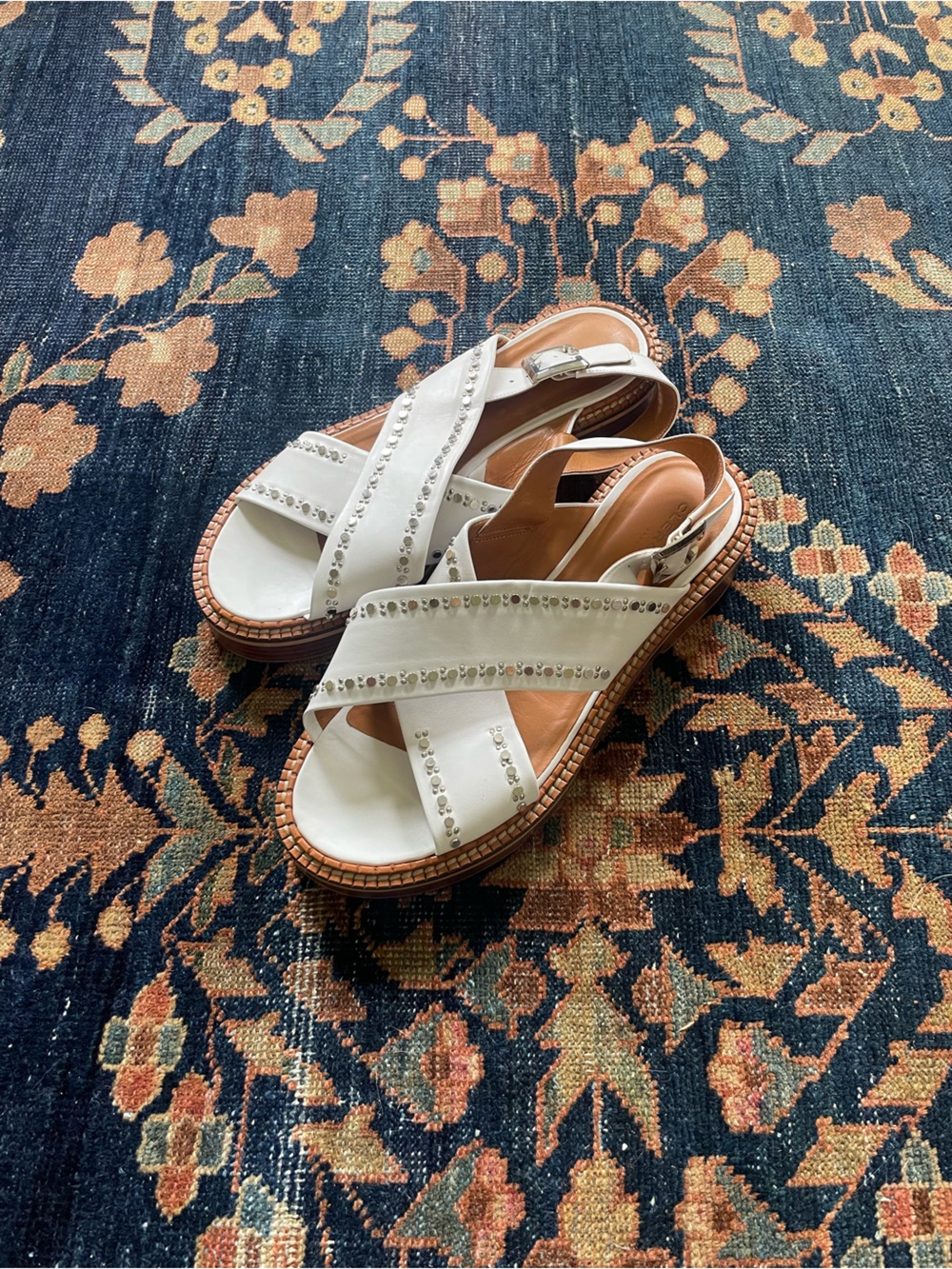 Clergerie White Leather Cross Studded Sandals
